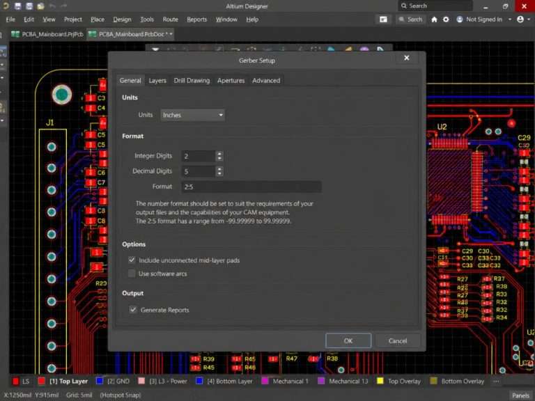 Altium Designer Gerber Setup dialog - General tab with Inches units and 2:5 format selected