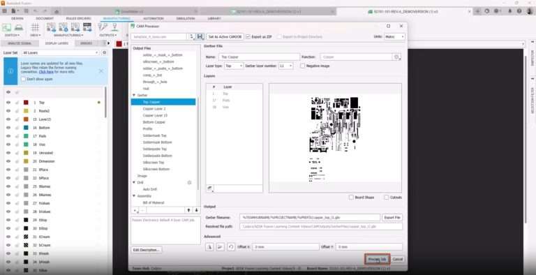 Autodesk Eagle CAM Processor window with layer mapping and output settings for Gerber generation