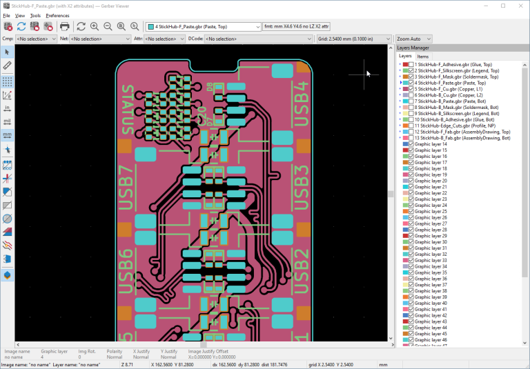 Gerber viewer overlay showing copper, solder mask, silkscreen, and drill layers aligned correctly for a PCB